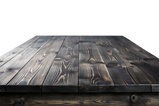 Empty dark wooden table surface with visible grain and texture, isolated on transparent background for product display