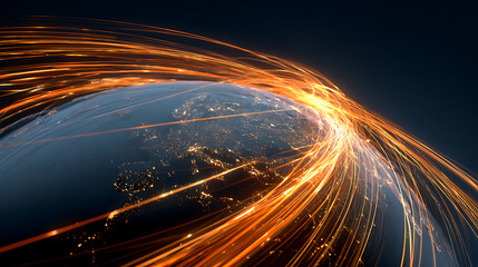 Glowing energy trails swirling around illuminated planet at night earth globe
