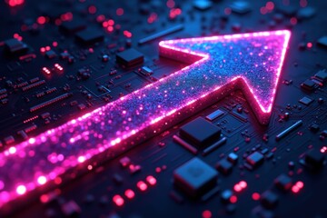 A glowing arrow pointing upwards on a dark circuit board background