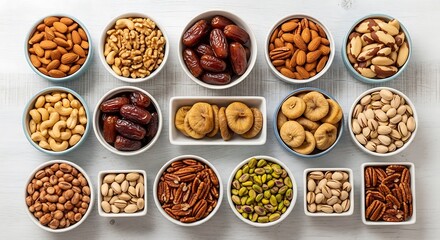 Obraz premium Assorted Nuts and Dried Fruits in Bowls – Healthy Vegan Snacks and Superfoods