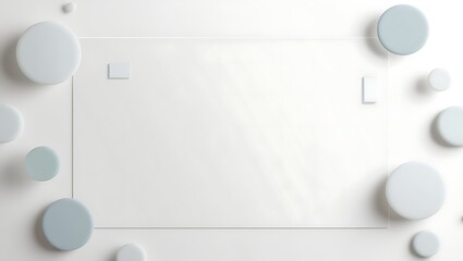 A serene white background serves as the foundation, adorned with delicate, translucent floating circles and rectangles in soft light gray and pale blue hues, carefully distributed to maintain a clear 