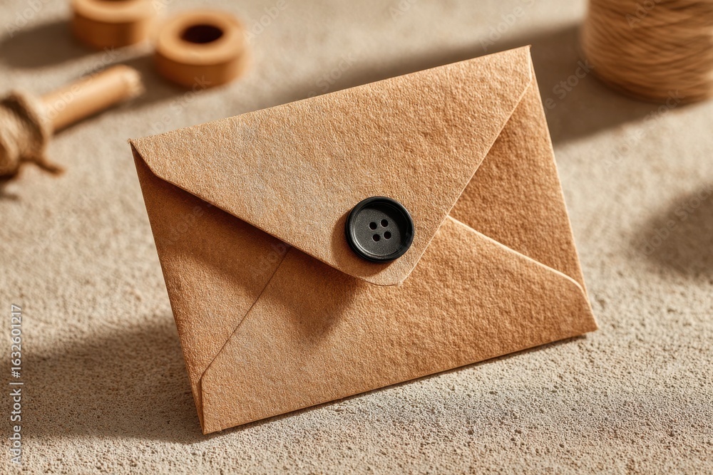 Poster a rustic brown kraft paper envelope with a black button closure on a textured surface.