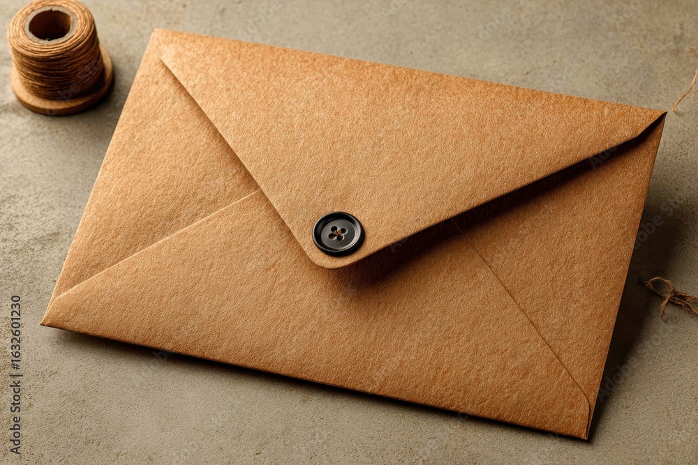 Poster handmade craft paper envelope with button closure on a textured background.