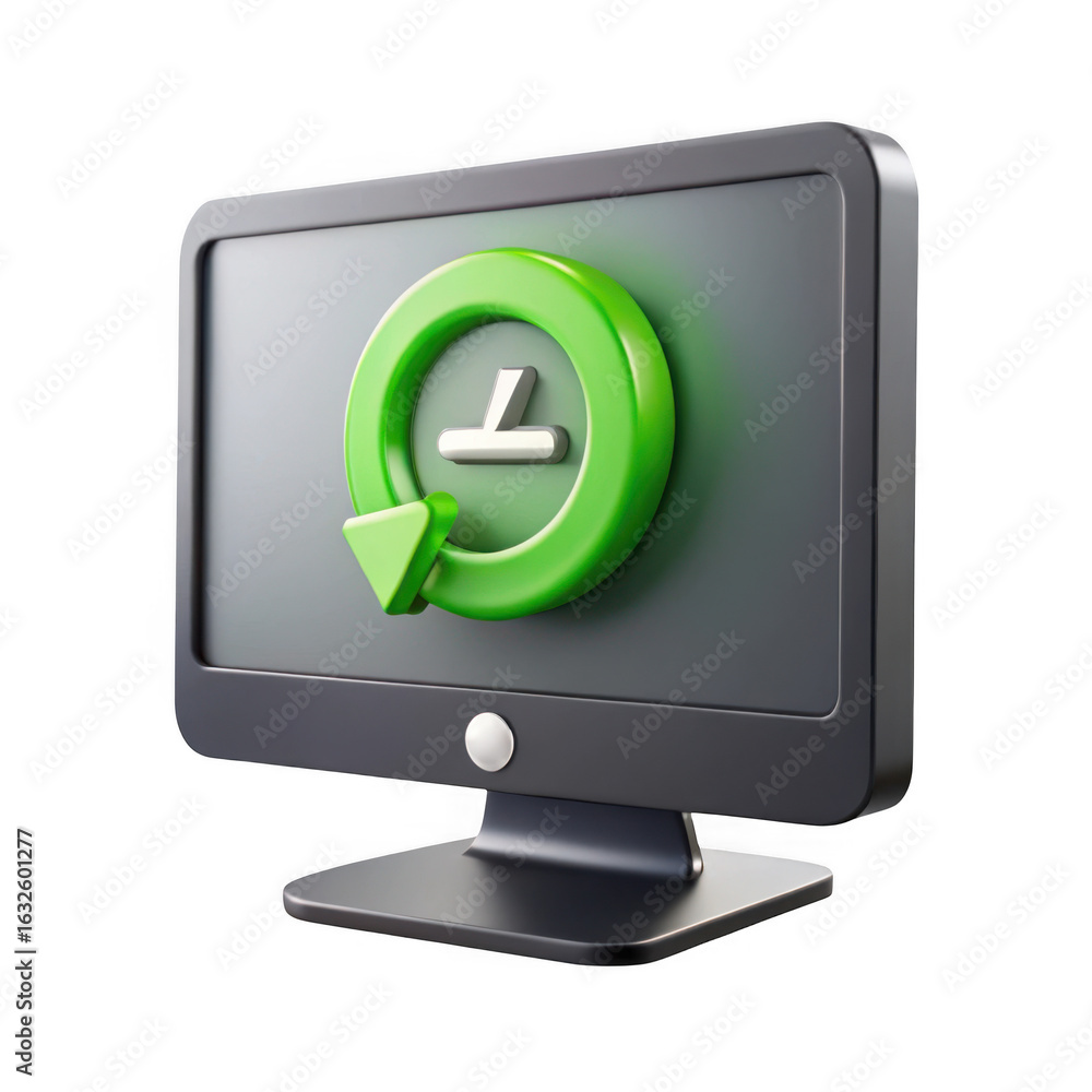 Poster computer monitor displaying a green circular refresh or reload icon isolated on transparent backgrou
