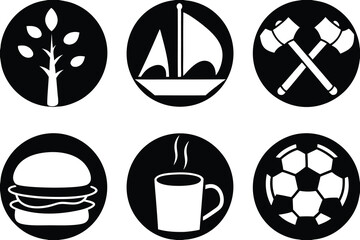 Tree sailboat axes burger coffee soccer ball icons set of silhouettes