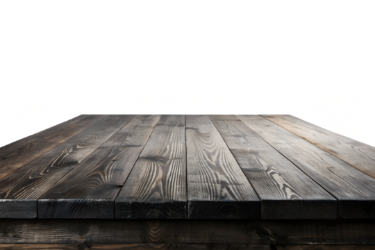 Rustic dark wood table surface isolated on transparent background for product display and presentation