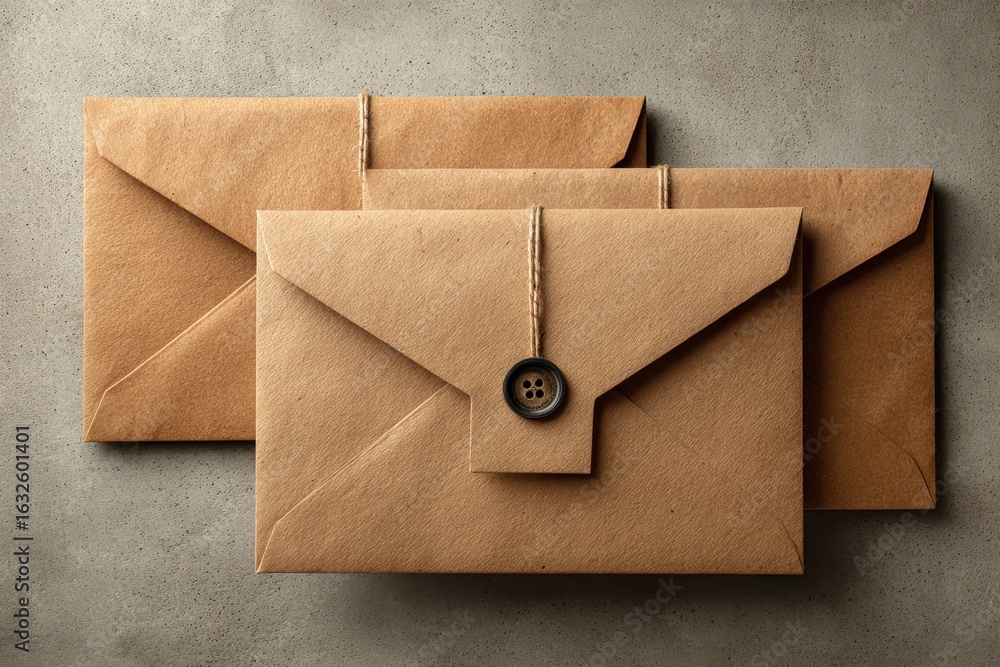 Poster a group of brown craft paper envelopes with string and button closures, lying on a gray textured sur