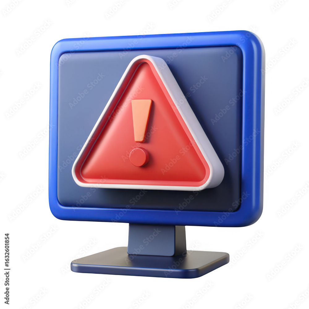 Poster 3d rendering of computer monitor displaying a red warning triangle alert isolated on transparent bac