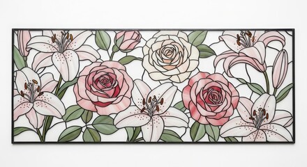Elegant stained glass window with pink roses and white lilies