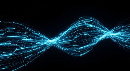 Illustration abstract blue energy wave with glowing particles and circuits