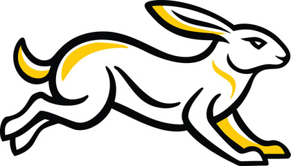 Speedy white hare gracefully leaps forward with golden accents in minimalist style