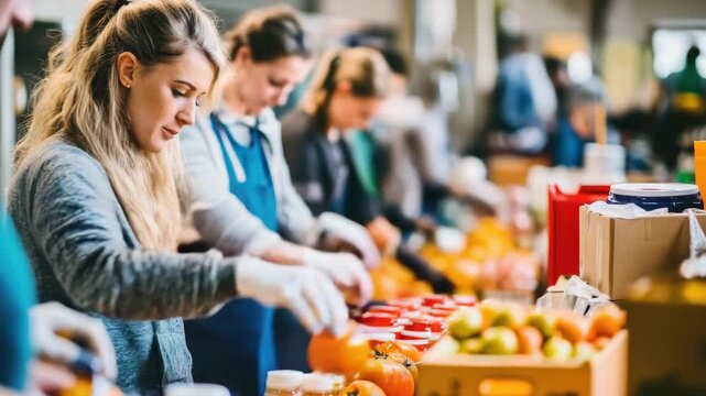 A woman is cutting up fruit at a table. There are several other people in the background. A man is standing behind her