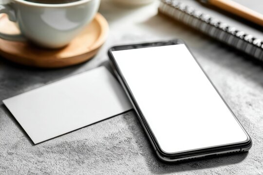 Smartphone with Blank Screen and Business Card on a Modern Office Desk with Coffee. - Powered by Adobe