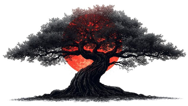 A gnarled black tree with dense, detailed foliage stands against a glowing red sun on a pure white background. 