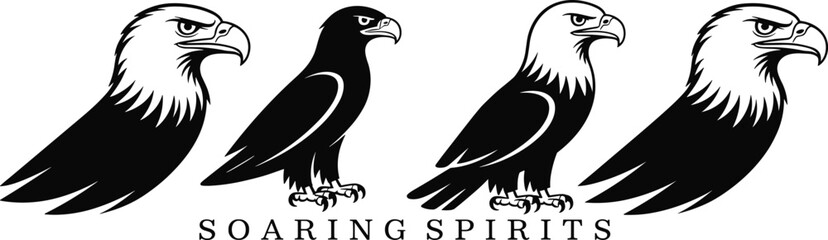 Stylized eagle vector illustration, standing eagle pose, folded wing profile, majestic bird design, talon detail, “Soaring Spirits” text, logo concept