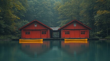 Fototapeta premium Red cabins on a serene lake, misty forest