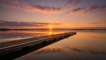 Fototapeta premium A wooden pier extends into calm water with a bright sunset and cloud reflections in the water