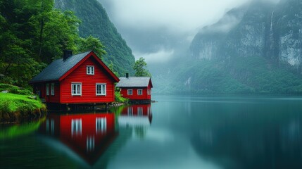 Fototapeta premium Red cabins reflecting on a serene fjord landscape