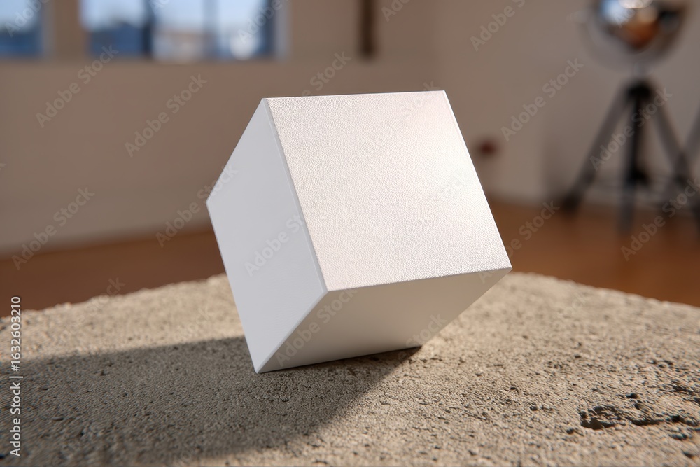 Poster a modern abstract composition with a white cube resting on a textured concrete surface, bathed in so