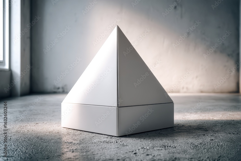 Poster a minimalist studio shot of a white pyramid with sharp lines and a clean aesthetic, casting soft sha