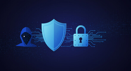 Illustration cybersecurity concept with shield, lock, and hacker icon