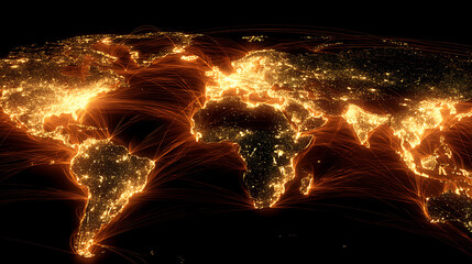 Glowing global network of lights connecting continents world map global connections