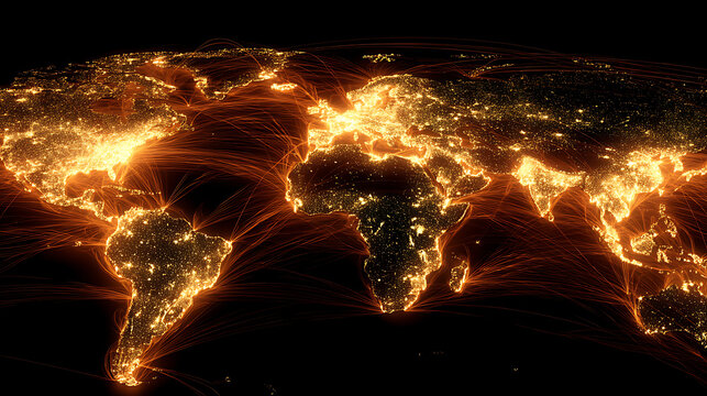 Glowing global network of lights connecting continents world map global connections