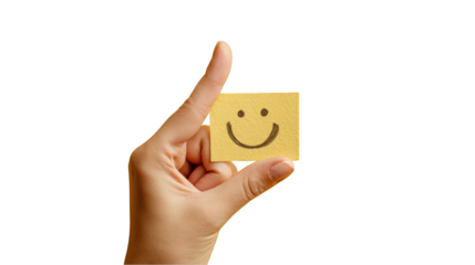 Hand holding yellow sticky note with smiley face isolated on transparent background