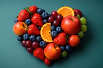 A heart shape made of fresh fruits, representing healthy eating and wellness