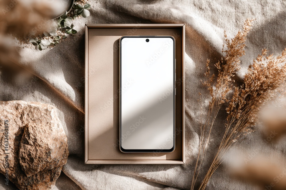 Poster a minimalist styled product mockup featuring a smartphone within a box, showcasing blank screen with