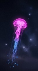 Bioluminescent pink and blue jellyfish floating in dark water