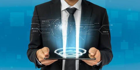 AI artificial intelligence with digital brain and connected data circuit. AI core processes data,...