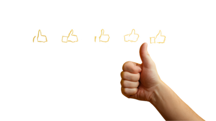 Hand giving thumbs up with drawn thumbs up icons on black background for rating