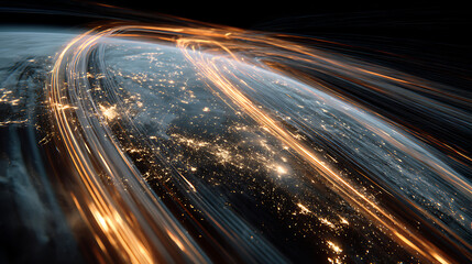 Glowing light trails over illuminated planet surface earth lights