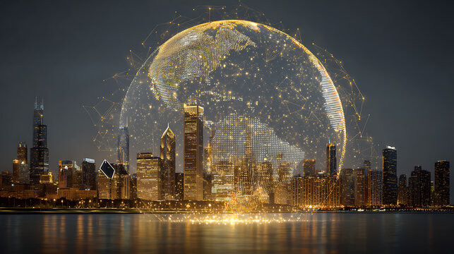 Glowing global network over illuminated city skyline at night globe
