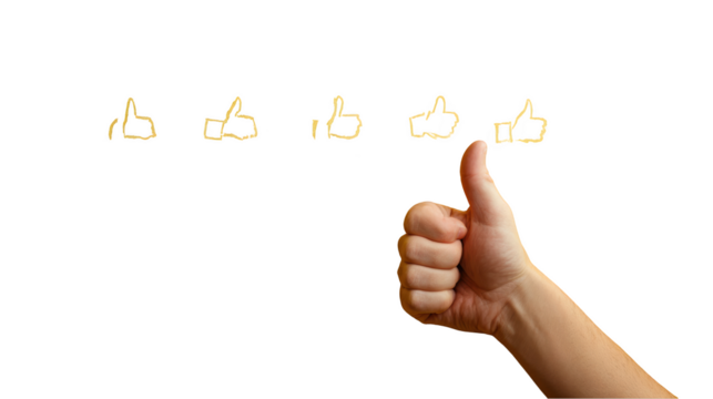 Hand giving thumbs up with drawn thumbs up icons on black background for rating