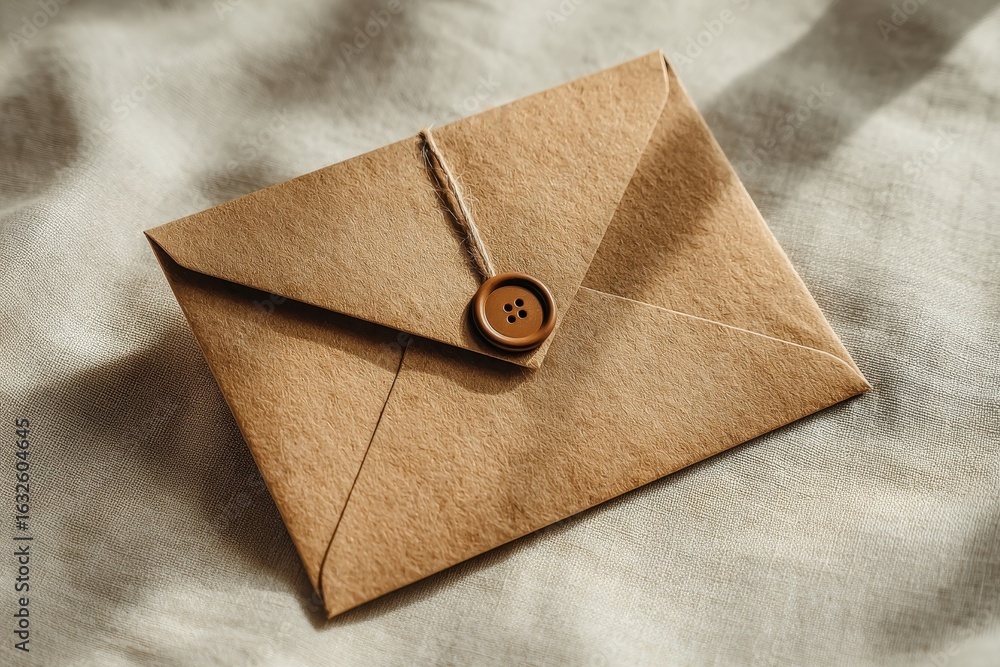 Poster a close-up shot of an elegant brown paper envelope secured with string and a button, lying on a text