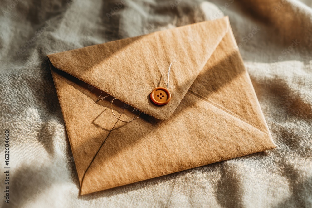 Poster a close-up studio shot of a brown envelope with a button closure on a linen surface creating a warm 