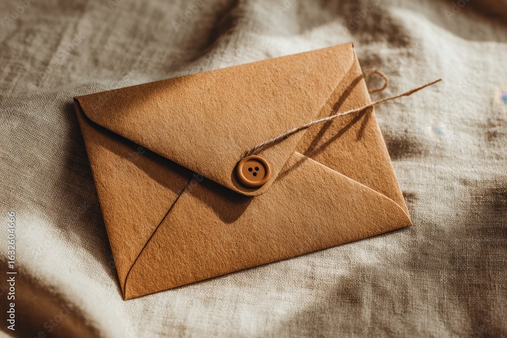 Poster a stylish brown paper envelope secured with a button and twine, resting on a linen background, addin
