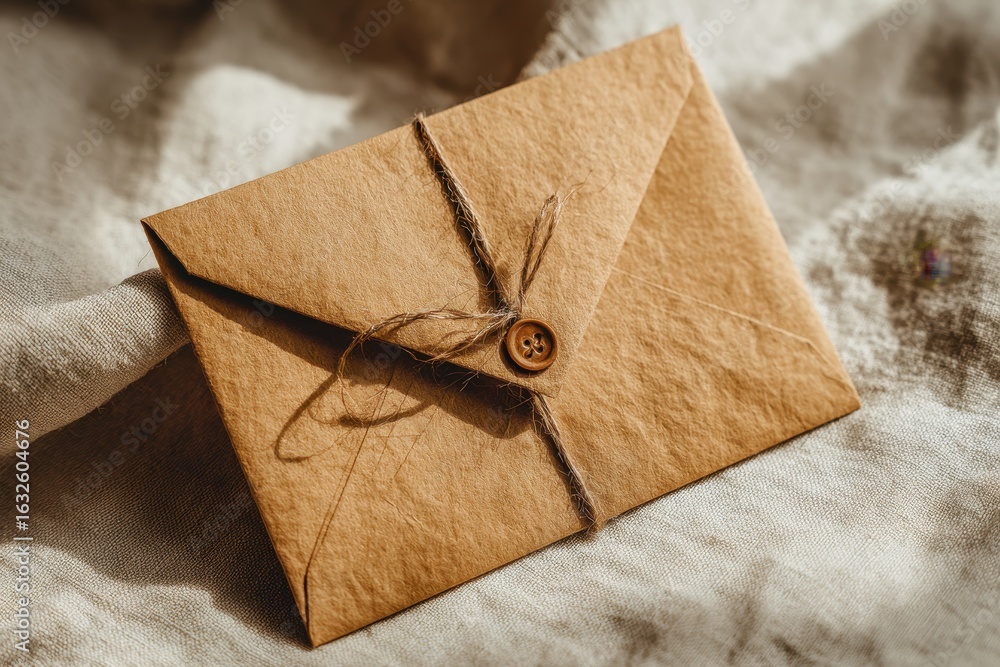 Poster rustic brown paper envelope tied with twine and secured with a wooden button, placed on a textured l
