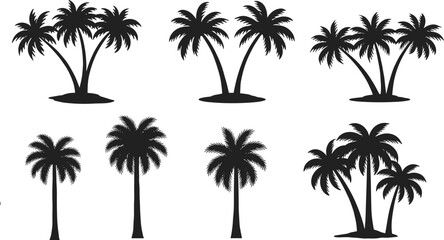 Palm tree silhouette collection featuring single and paired tropical icons, black isolated vector set, beach nature graphic, exotic design elements