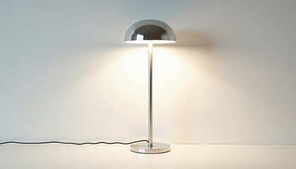 Modern silver lamp illuminated on minimalist white background  