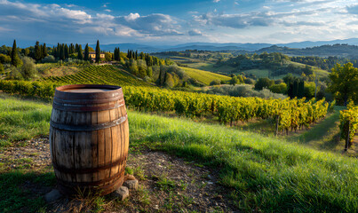 Obraz premium Red wine with barrel on vineyard in green Tuscany, Italy