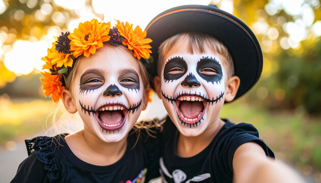 Happy little kids in spooky and festive costumes &ndash; Halloween and Day of the Dead selfie and portrait collection