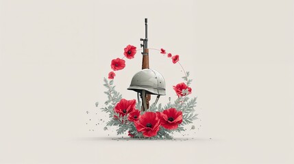 Military helmet and rifle with red poppy flowers. Remembrance Day concept art for memorial service and veterans.
