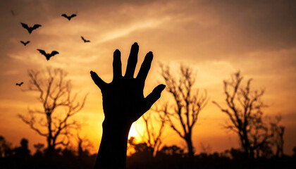 Zombie Hand Rising Out Of A Graveyard In Spooky Night
