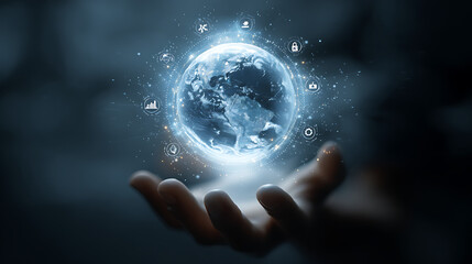 Glowing planet held in open hands surrounded by digital icons earth globe