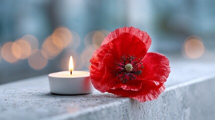 Red poppy flower and burning candle on concrete wall with bokeh light. Commemoration and remembrance concept for Memorial day.
