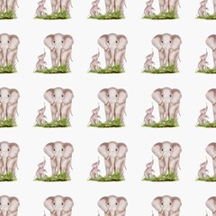 Adorable watercolor pattern featuring elephants and baby animals in a seamless design for textiles