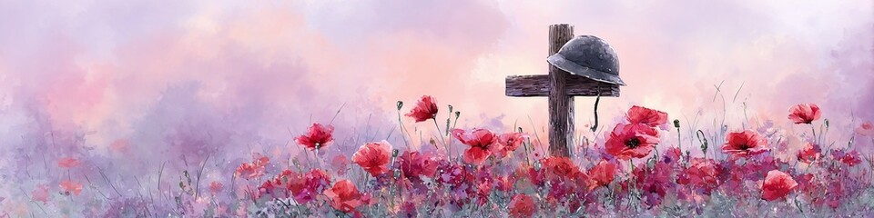 Poppy field with a grave and military helmet. Commemoration and remembrance for those fallen in war or conflict.